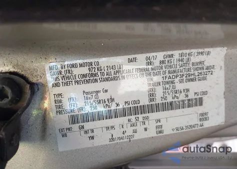 2017 Ford Focus Se from USA, damaged, VIN 1FADP3F29HL263272